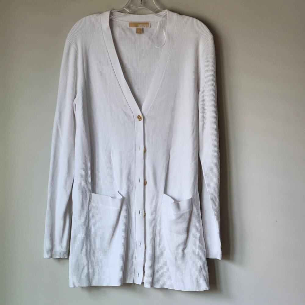 Michael Kors Ribbed Knit V Neck Fitted Button Up Cardigan White XL A0054